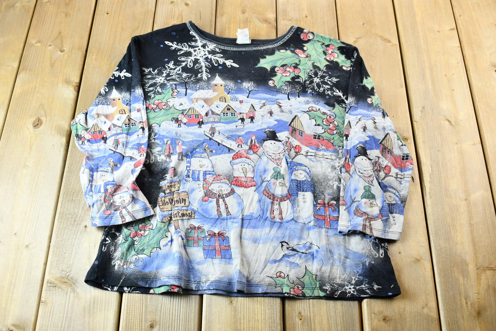 Vintage 1990s Cute Winter Scene All-Over-Print Textured Graphic Long-Sleeve Grandma T-Shirt