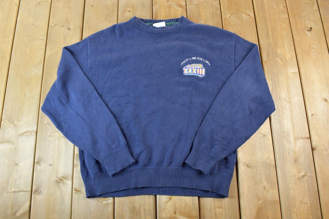 Vintage 1990s 1999 Super Bowl XXXIII Broncos Falcons Miami NFL Knit Crewneck Sweatshirt / Football / Sportswear / Americana