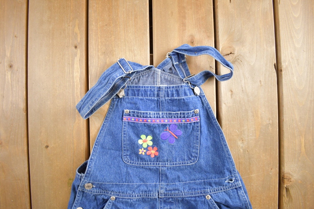 Vintage 1990s Kid Looks Cute Butterfly Denim Jean Overalls Size 34x28
