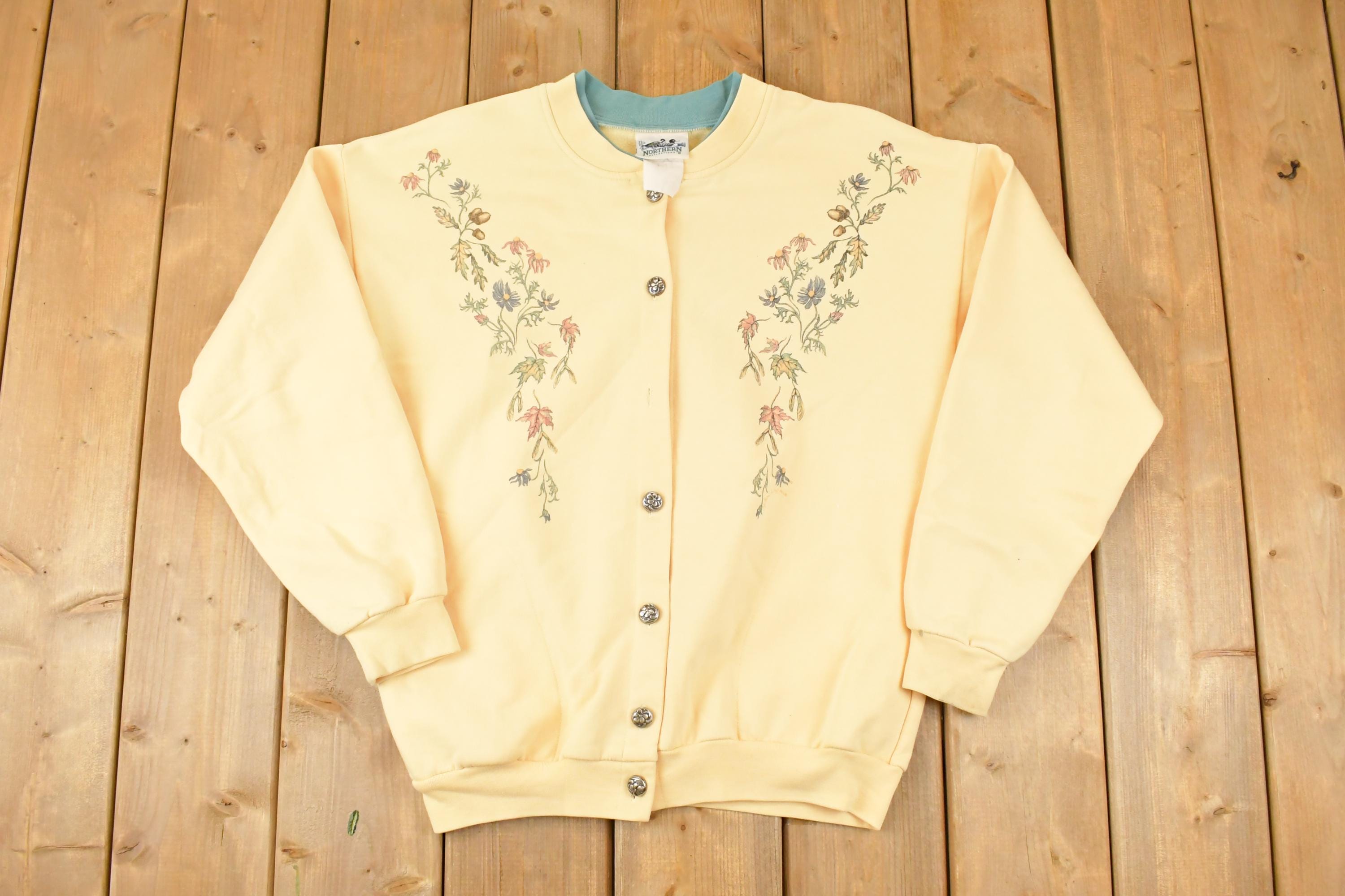 Vintage 1990s Northern Reflections Floral Graphic Print Button Up Double Collar Crewneck Sweatshirt Womens L