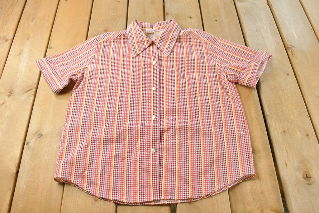 Vintage 1970s Gingham Plaid Short Sleeve Button Up Shirt Women's L /