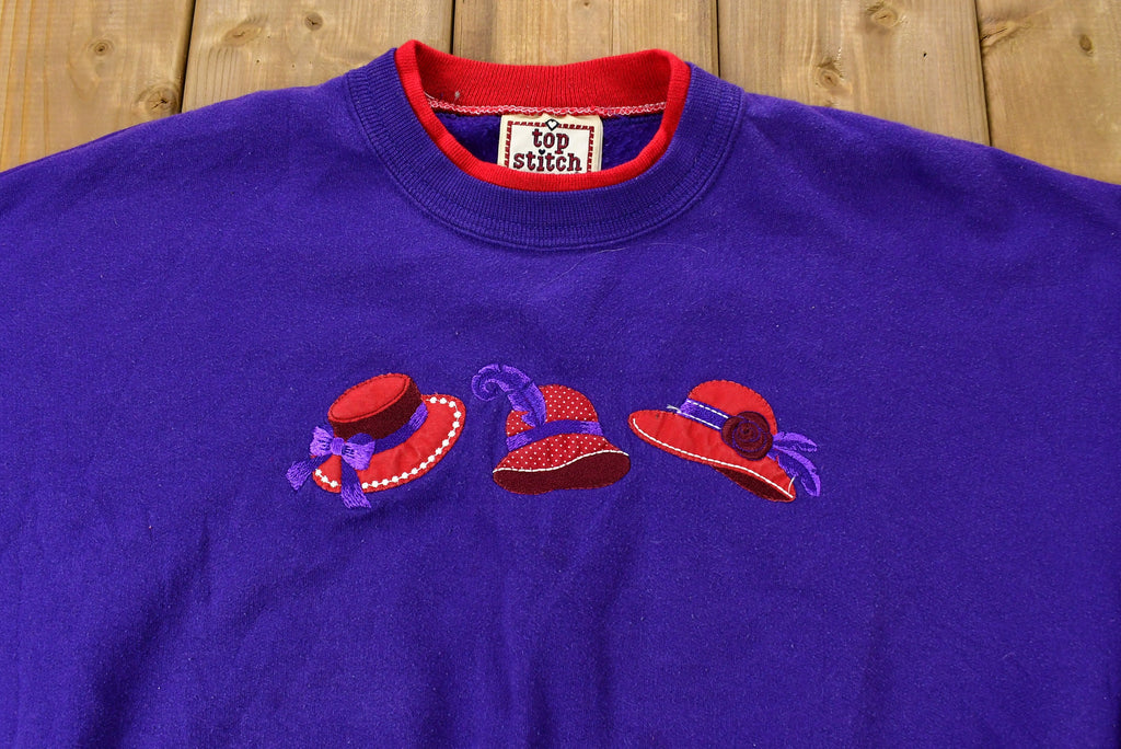Vintage 1990s Embroidered Cute Hat Graphic Crewneck  90s Crewneck  Grandma Sweater  American Streetwear  Top Stitch Petite
