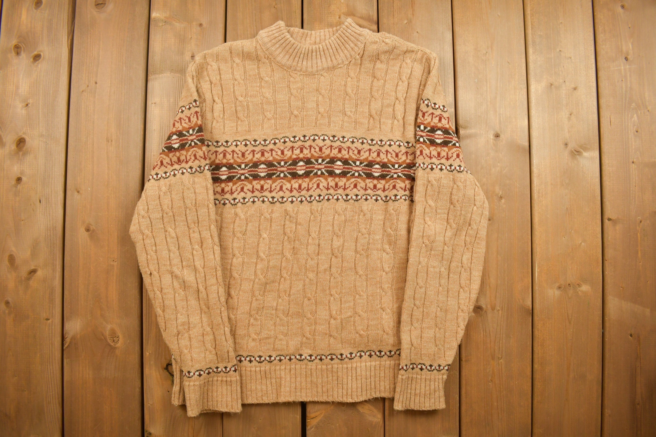 Vintage 1990s Brown Patterned Knitted Crewneck Sweater