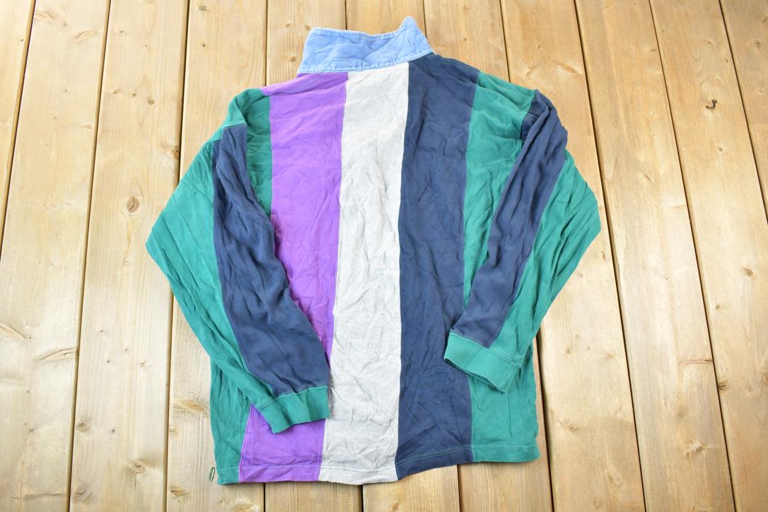 Vintage 1990s John Ashford Quarter Button Striped Souvenir Sweatshirt Made In USA
