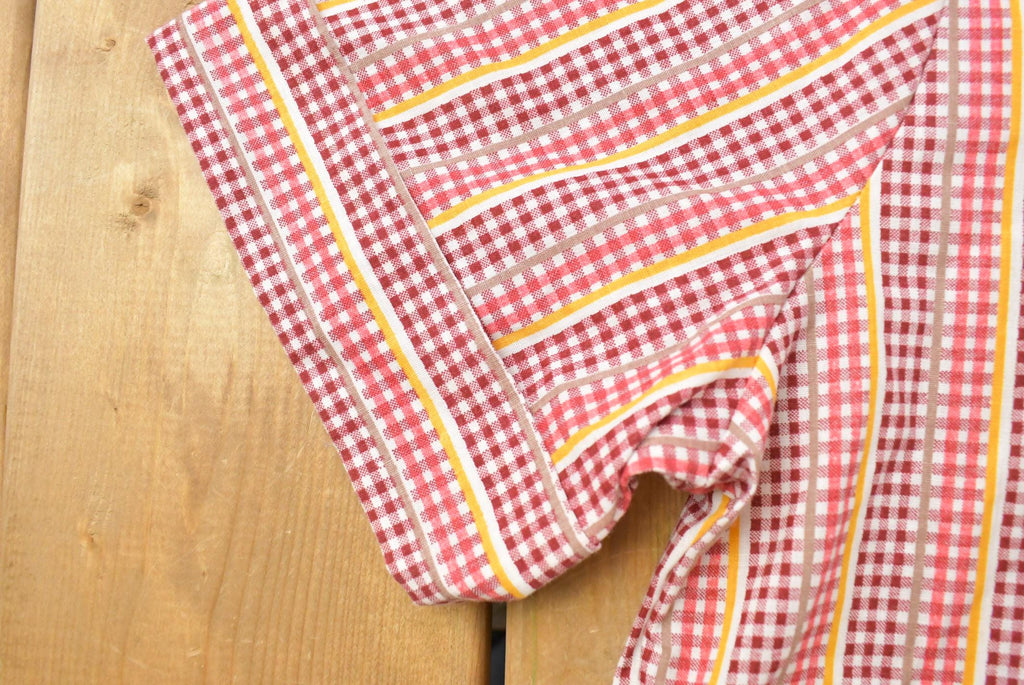 Vintage 1970s Gingham Plaid Short Sleeve Button Up Shirt Women's L /