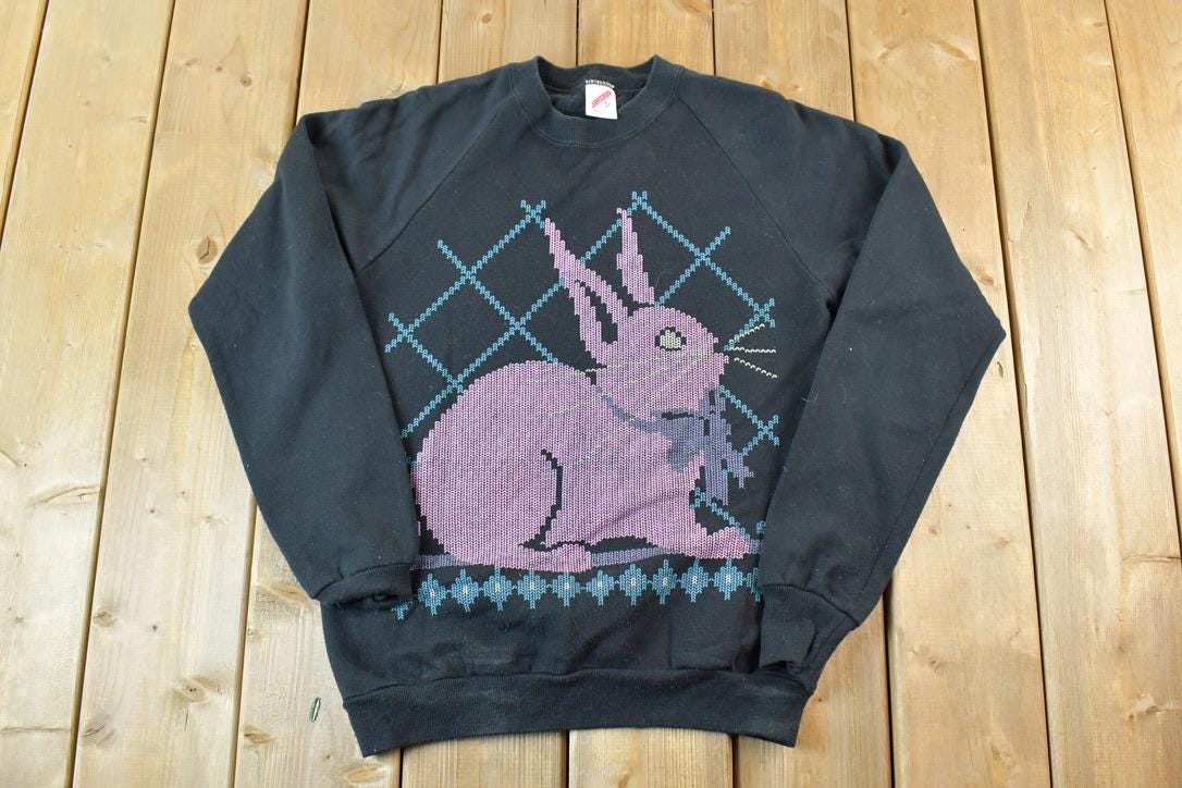 Vintage 1990s Cute Pixel Bunny Crewneck Sweater