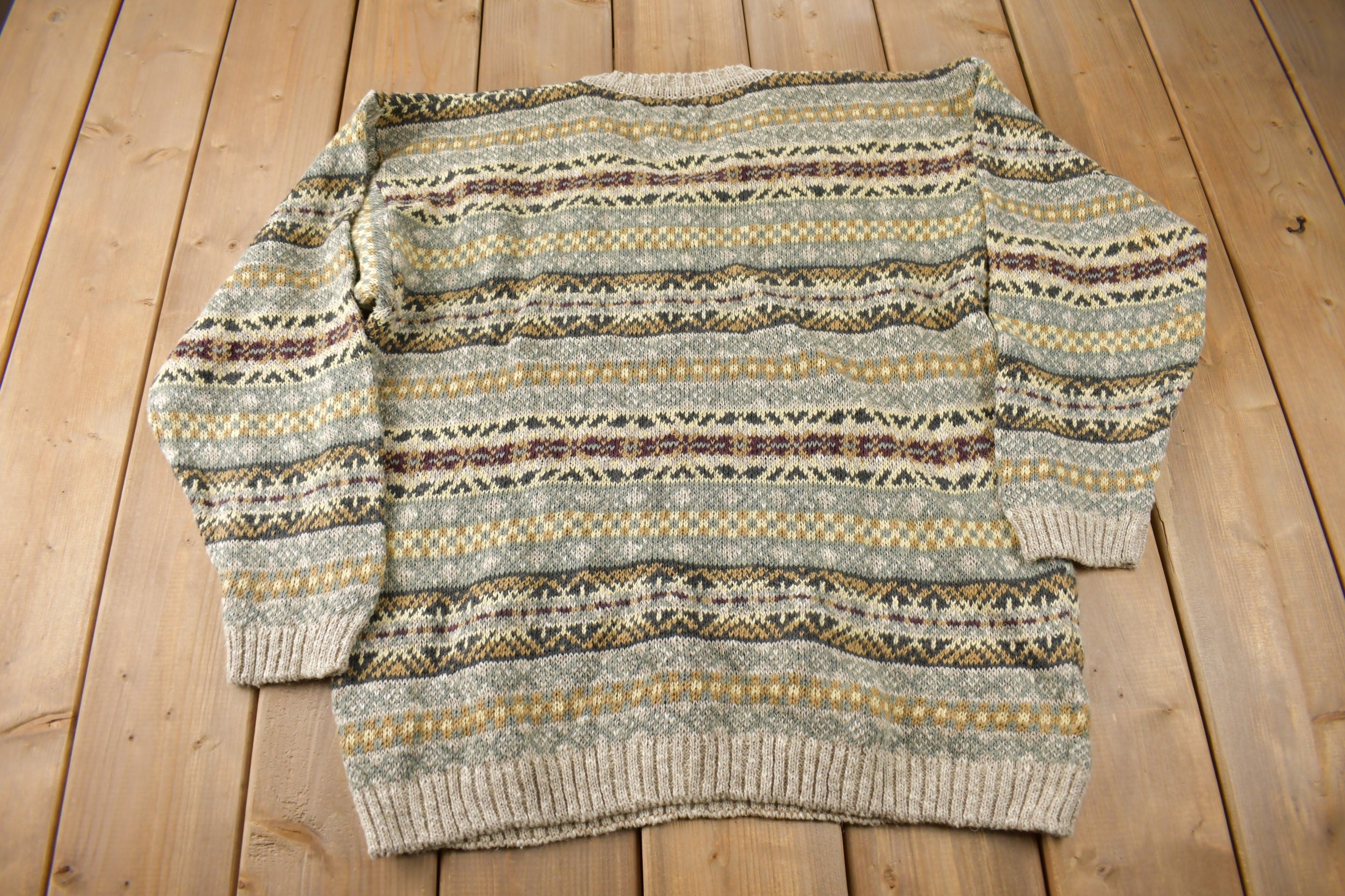 Vintage 1990s LL Bean Striped V Neck Knit Sweater Made In Ireland Size L