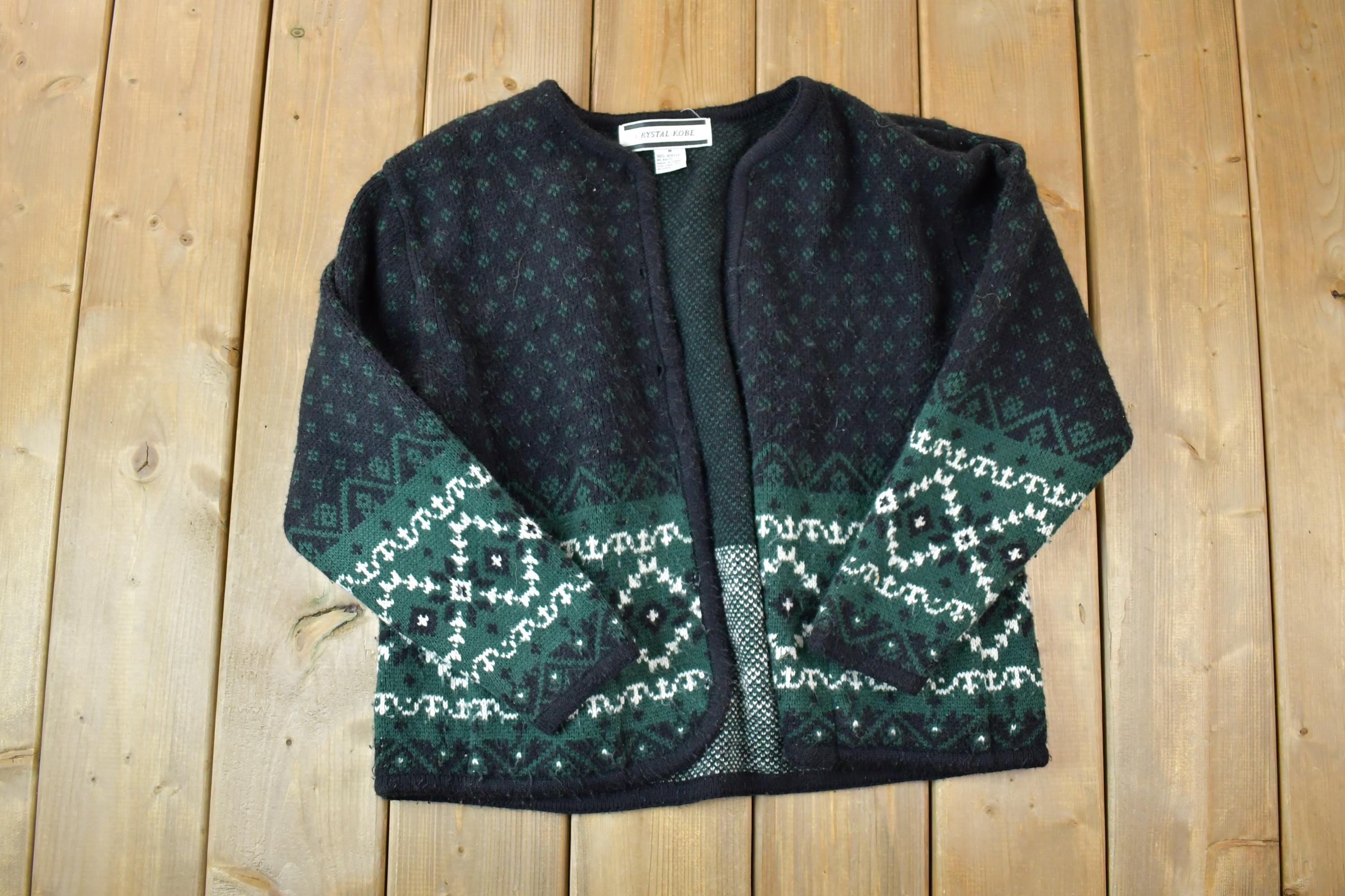 Vintage 1990s Crystal Kobe Knit Open Front Crewneck Sweater /
