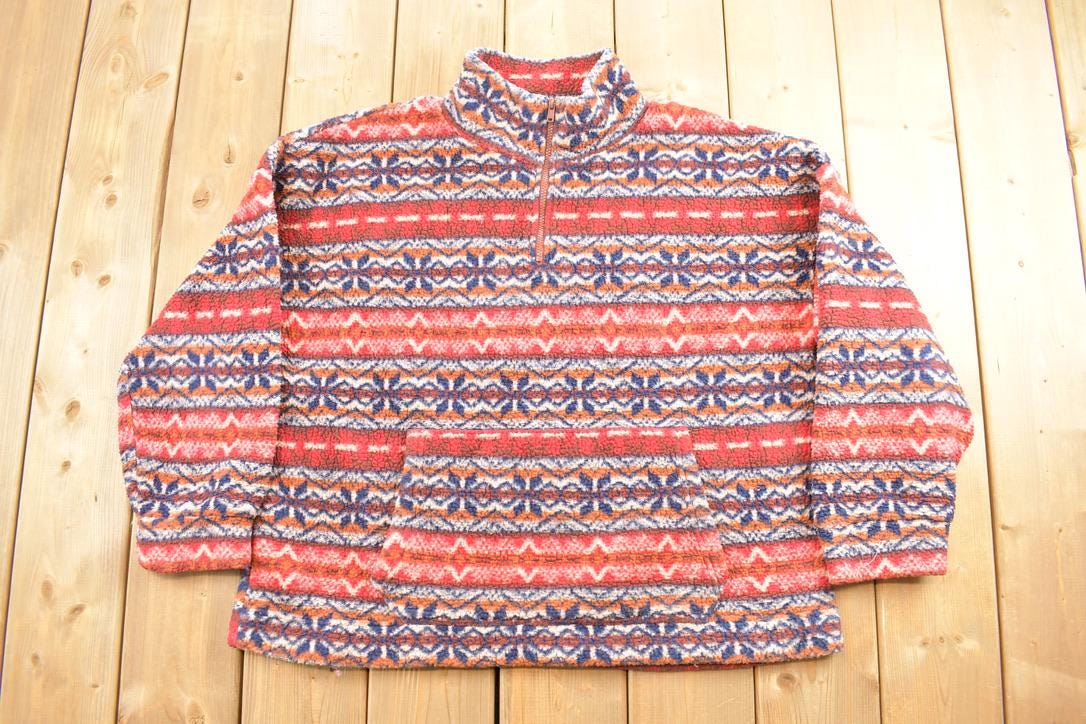 Vintage 1990s American Eagle Quarter Zip Colorful Fleece Sweater