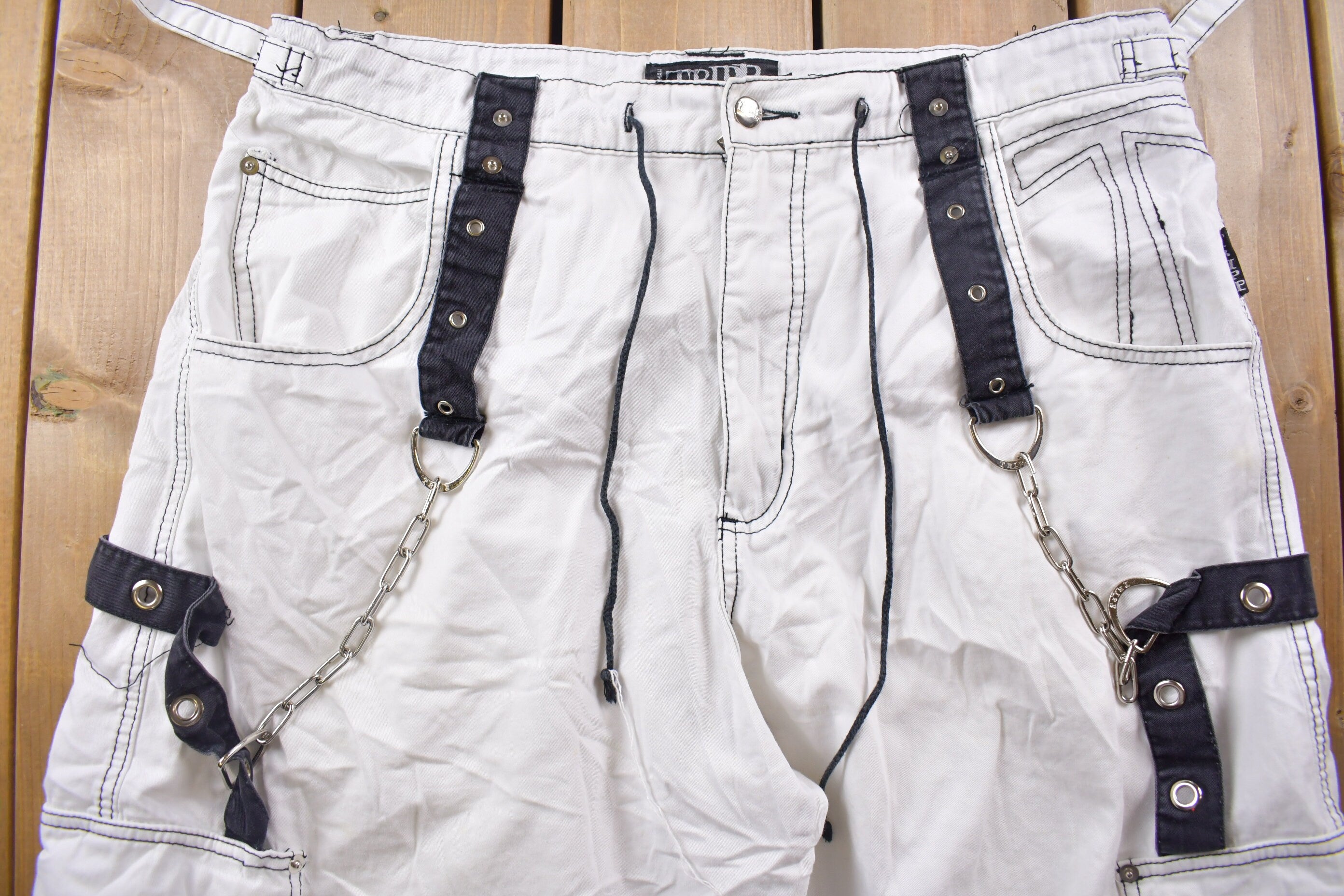 Vintage 1990s Trip NYC Straps & Chains Jean Shorts 38 x 15  90s Shorts  Streetwear Fashion  Bottoms  Light Wash  Vintage Jeans Jorts