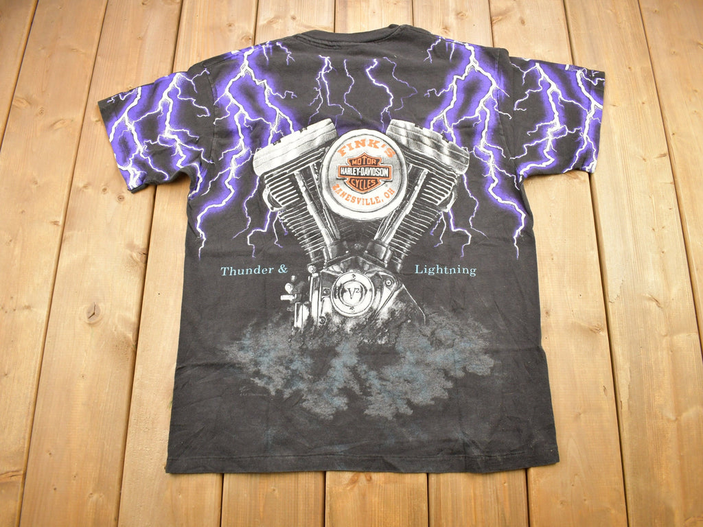 Vintage 1992 Harley Davidson Motorcycles Thunder & Lightning All Over Print T-Shirt