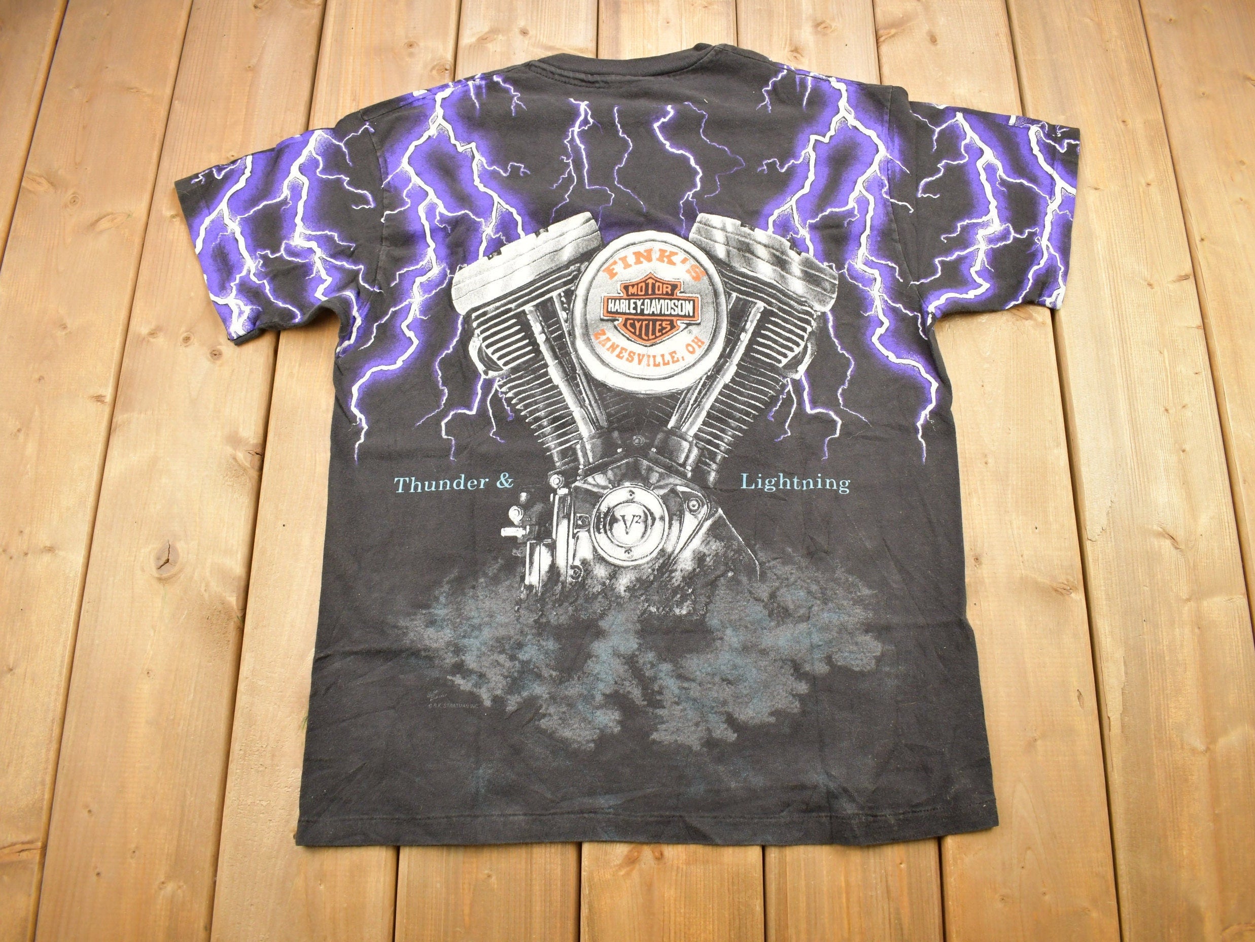 Vintage 1992 Harley Davidson Motorcycles Thunder & Lightning All Over Print T-Shirt