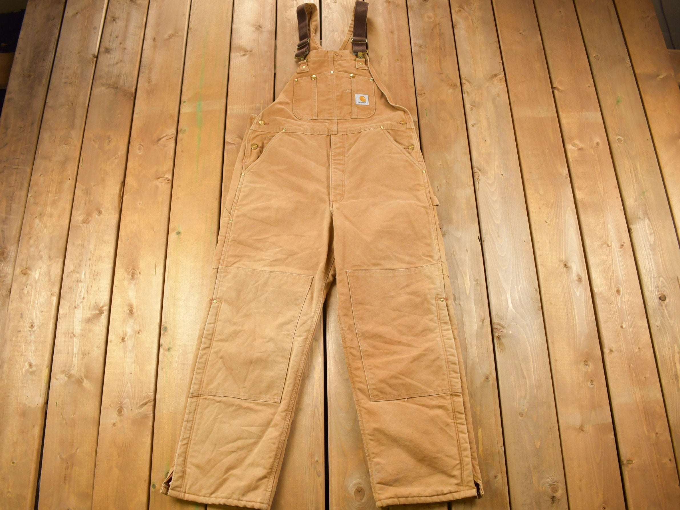 Vintage 1990s Carhartt Beige Double Knee Canvas Quilted Overalls Size 38 x 30
