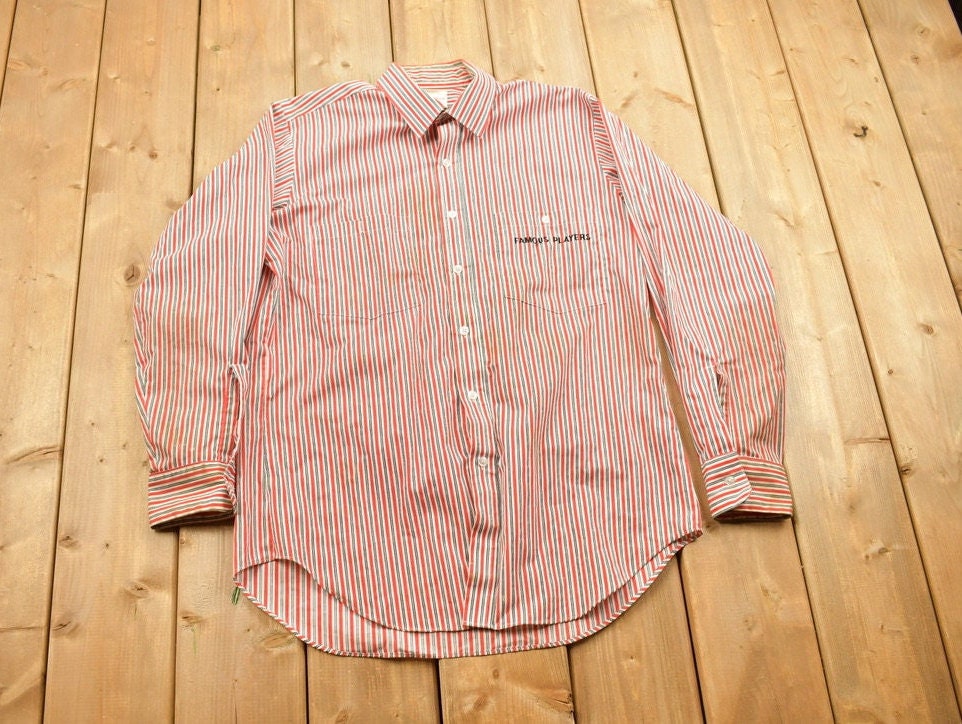 Vintage 1990s Famous Players Striped Button Up Shirt / 1990s Button Up / Vintage Dress Shirt / Striped Button Up / Discretion Button Up