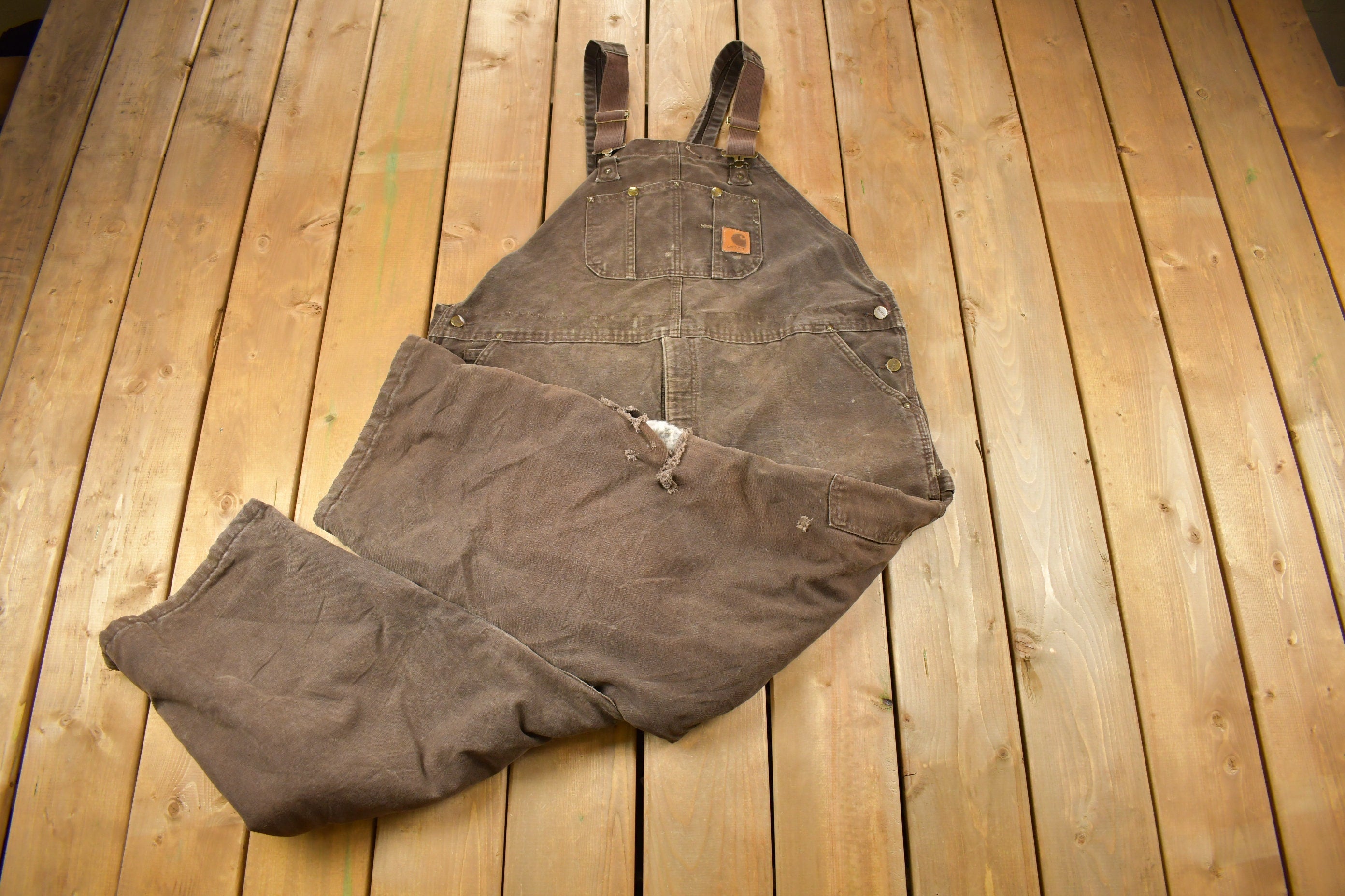 Vintage 1990s Carhartt Brown Double Knee Canvas Quilted Overalls Size 48 x 30