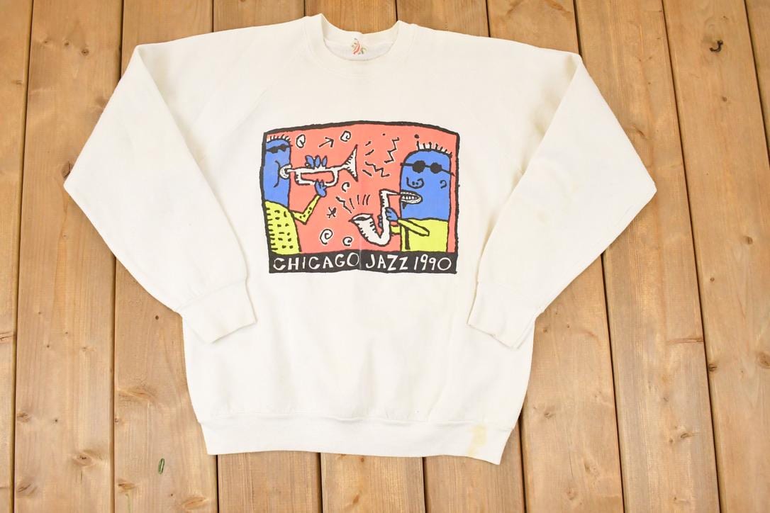Vintage 1990 Chicago Jazz Music Cartoon Graphic Print Crewneck Sweatshirt Men's L / Made In USA / 90's Destination Sweater