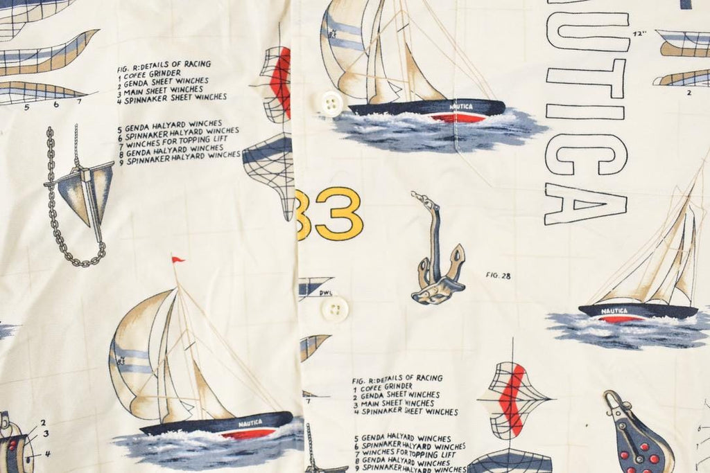 Vintage 1990s Nautica AOP Sailboats Abstract Button Up Shirt Men's L / Funky Crazy Pattern / Preppy Style / Boxy Fit