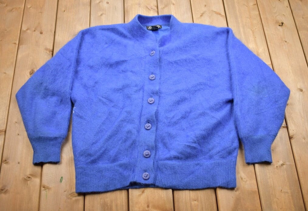 Vintage 1990s Blank Blue Wool Cardigan Sweater /