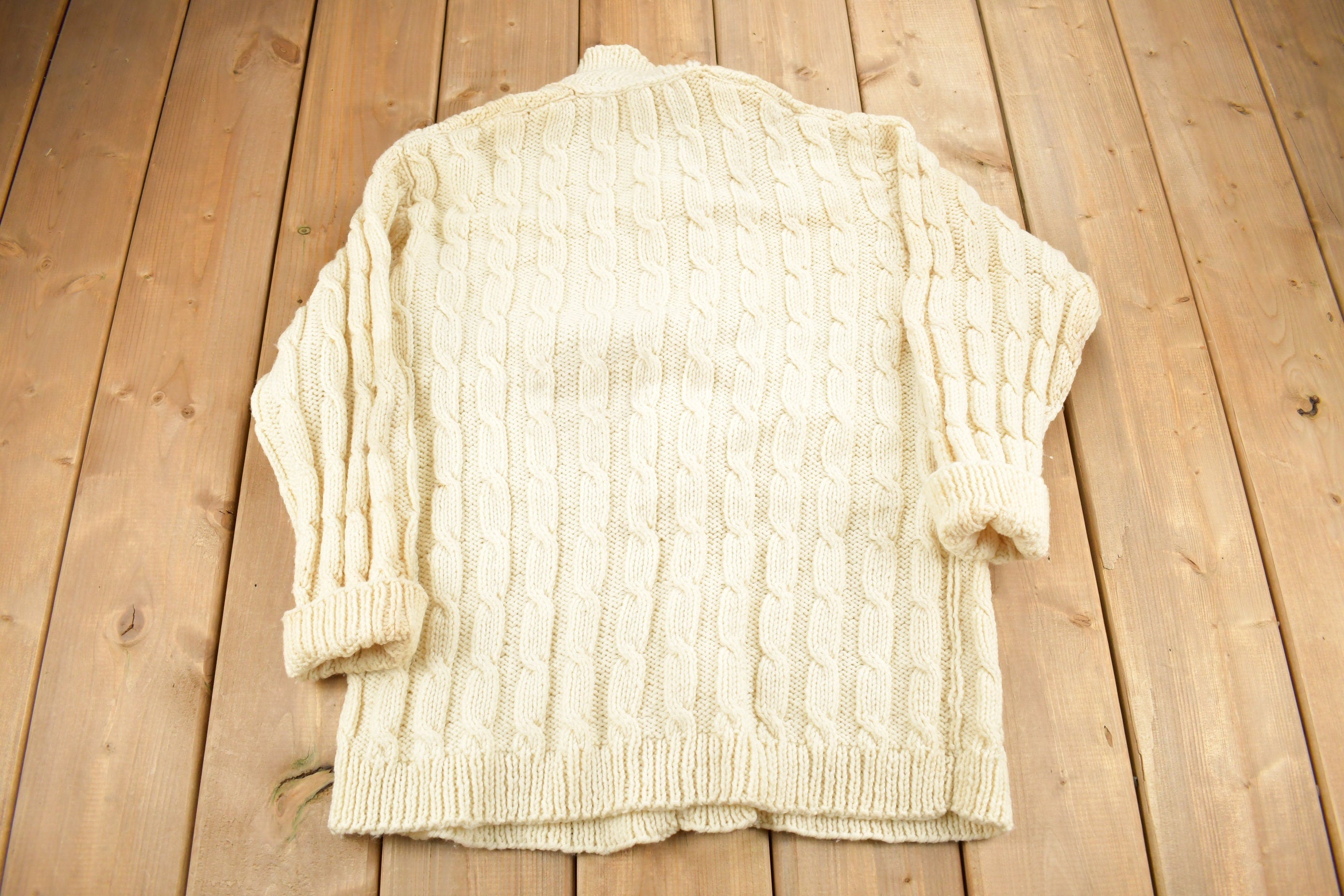 Vintage 1980s Blank 100% Wool Cable Knit Cardigan Sweater