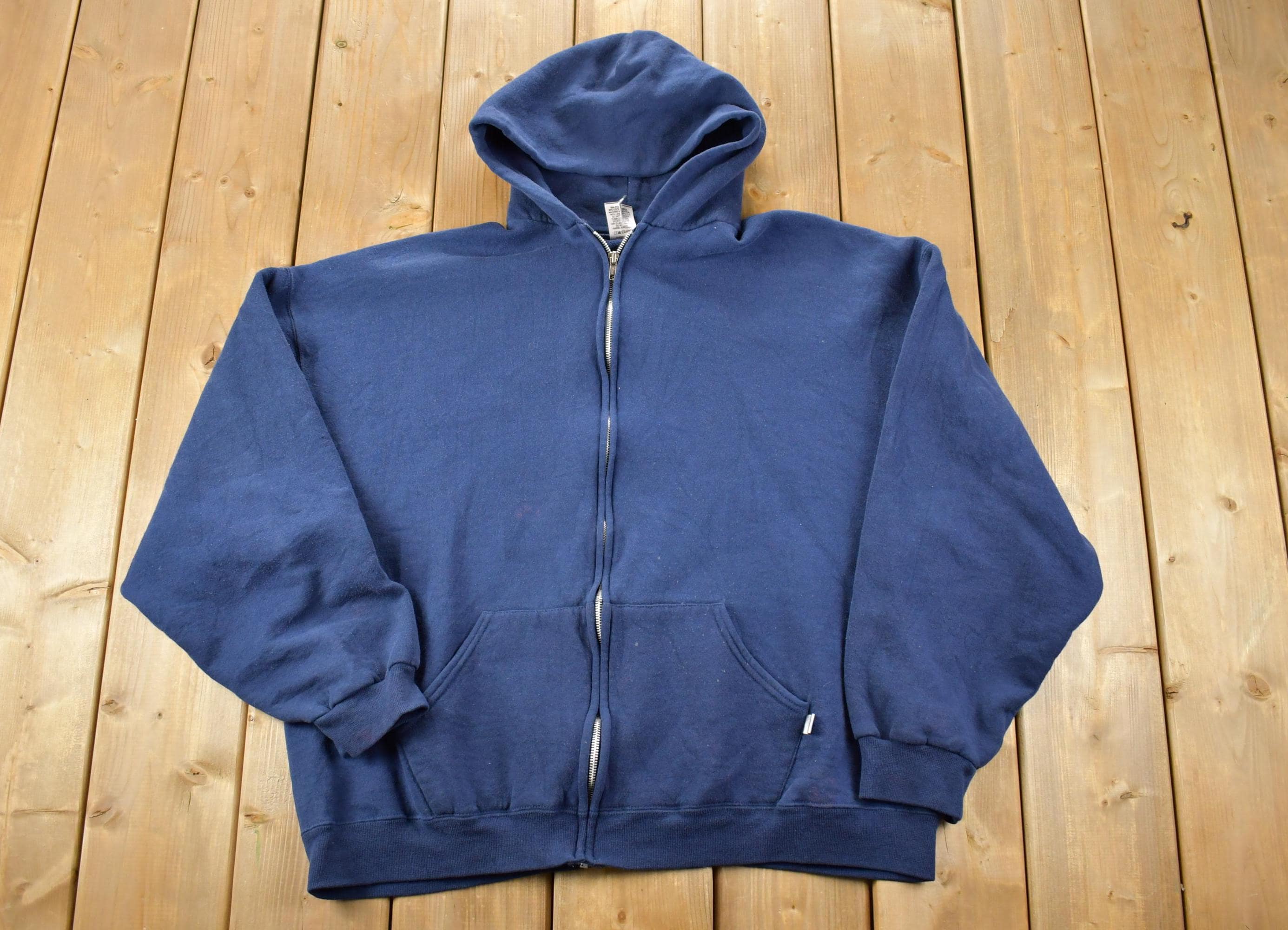 Vintage 1990s Russell Athletics Dri Power Blank Navy Hoodie Sweatshirt