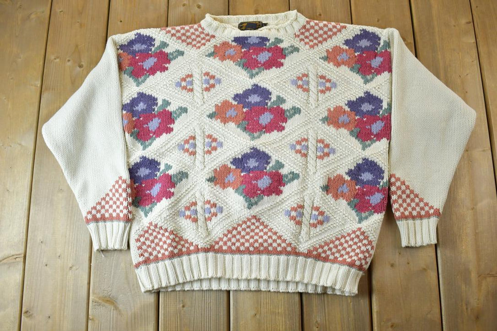 Vintage 1990s Eddie Bauer Floral Design Knit Crewneck Sweater  90s Crewneck  Made In USA  Preppy