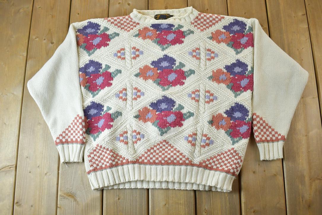 Vintage 1990s Eddie Bauer Floral Design Knit Crewneck Sweater  90s Crewneck  Made In USA  Preppy