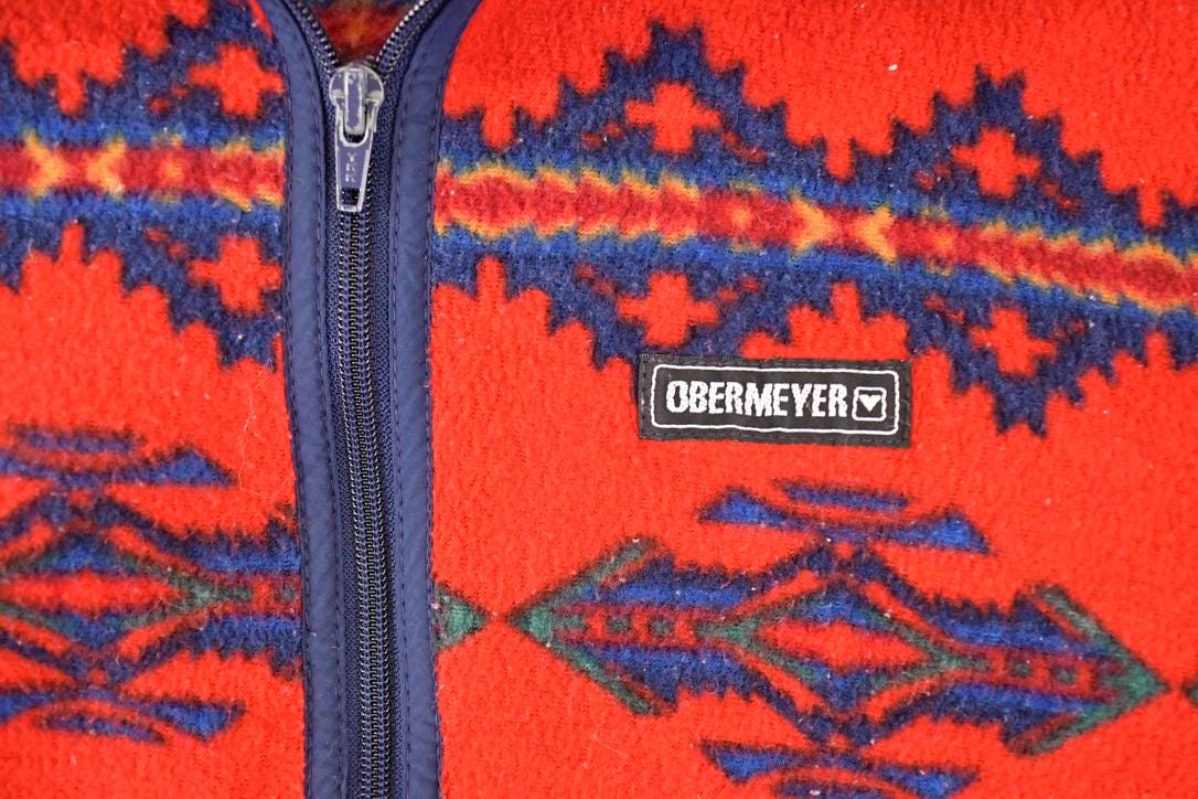 Vintage 1990s Obermeyer Aztec AOP Fleece Outdoorsman Sweater Men's S / 90s Winter Sweatshirt / Fleece Hiking Zip up