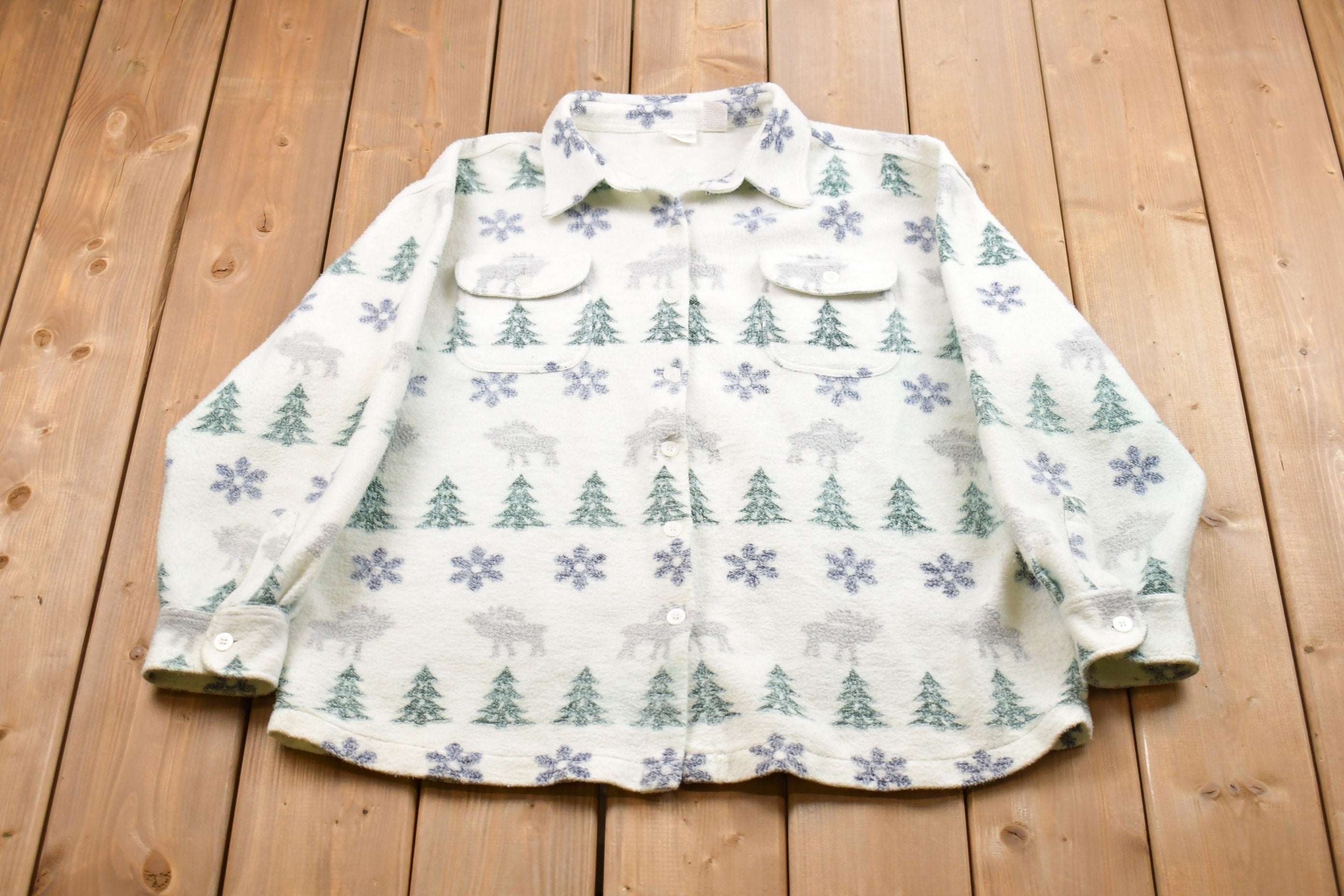 Vintage 1990s Christmas Pattern Fleece Button Up Sweater