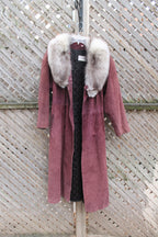 Vintage 1980s Fox Fur Collar Suede Trench Coat Winter Outerwear