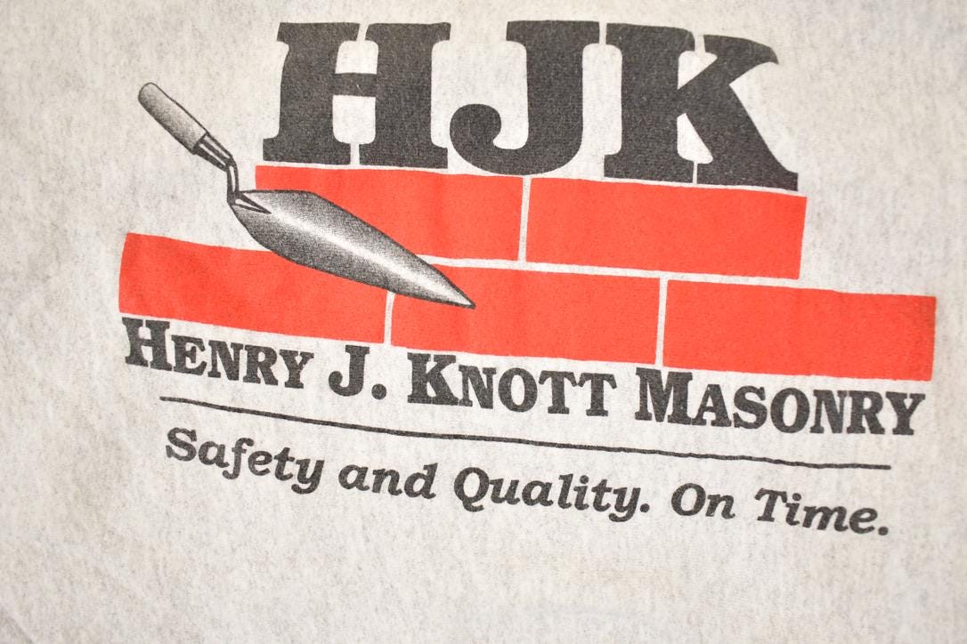 Vintage 1990s Henry J Knott Masonry Graphic Print Cross Grain Heavyweight Hoodie Sweatshirt Men's L