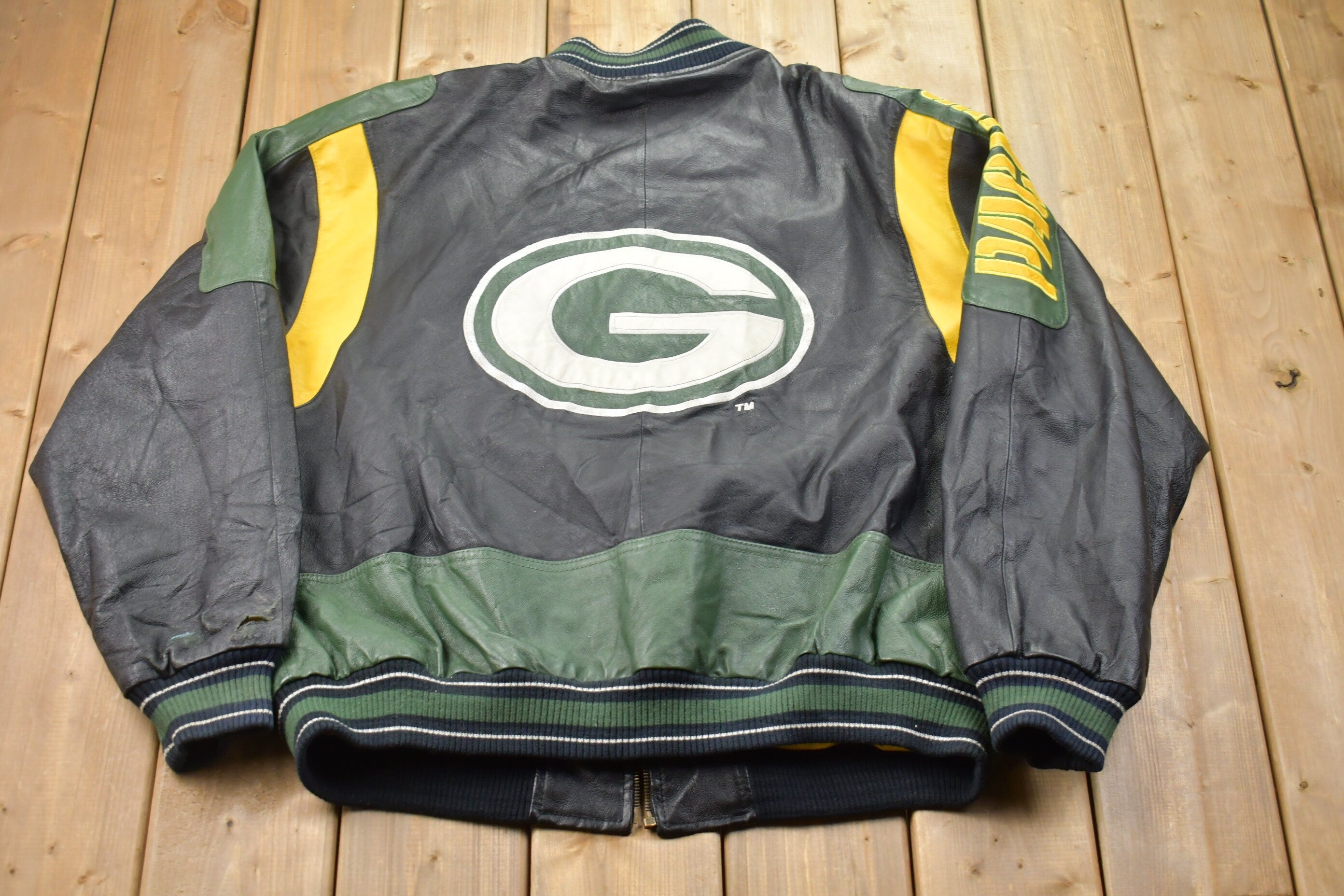 Vintage 1990s Green Bay Packers NFL Leather Bomber Jacket