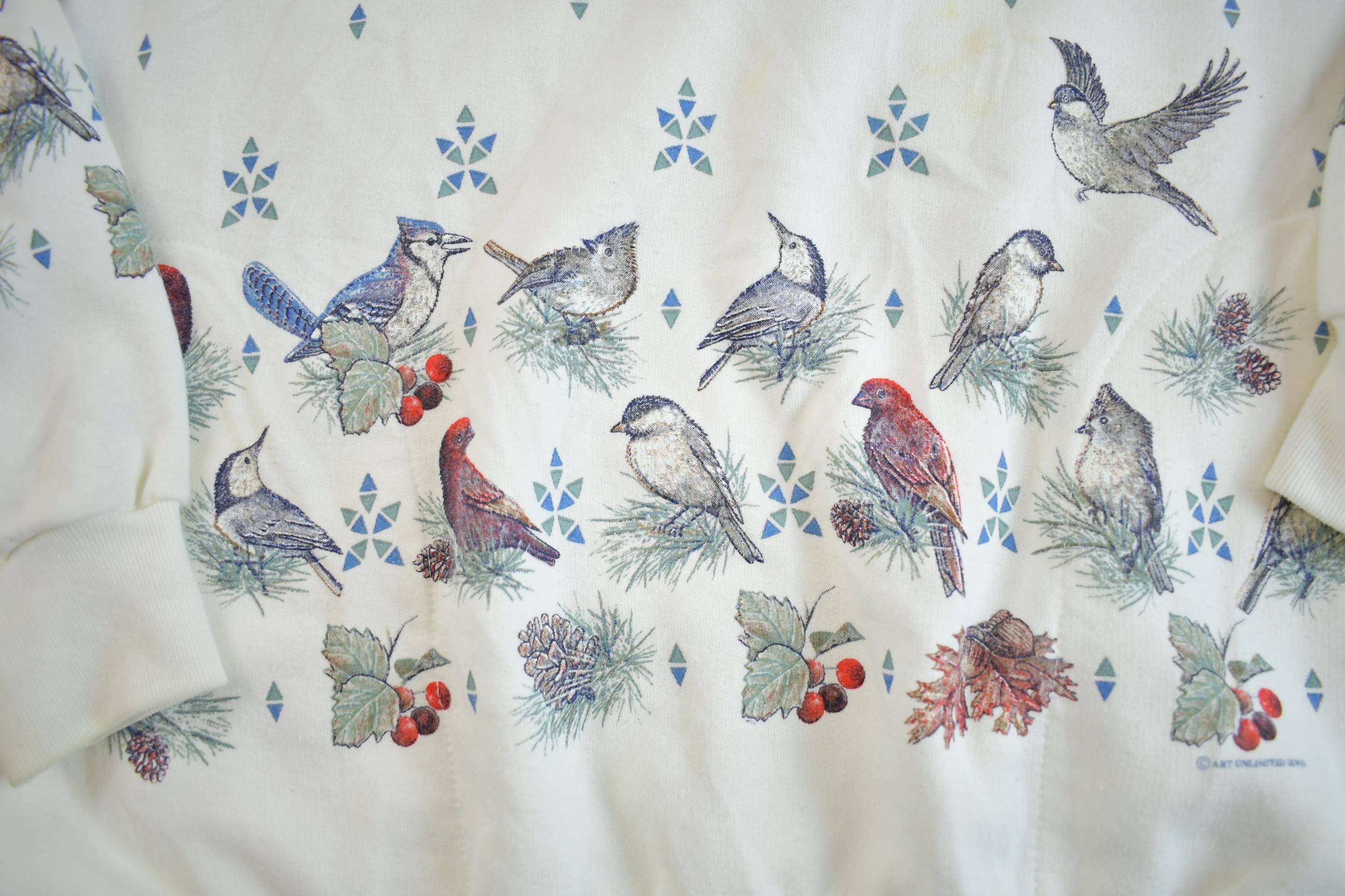 Vintage 1990s Cute Grandma Style Bird Print Crewneck Sweater Made In USA