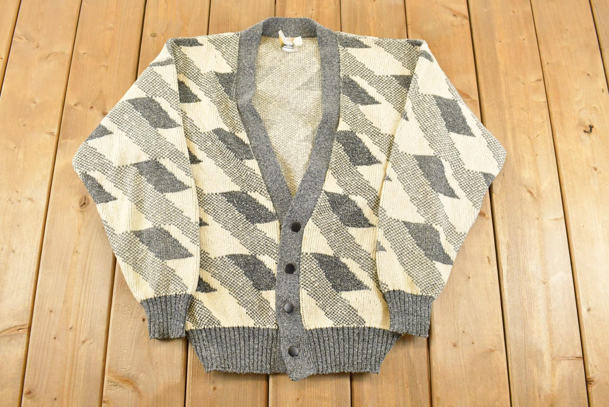 Vintage 1990s London Fog Knit Abstract Pattern Cardigan Sweater Mens Large
