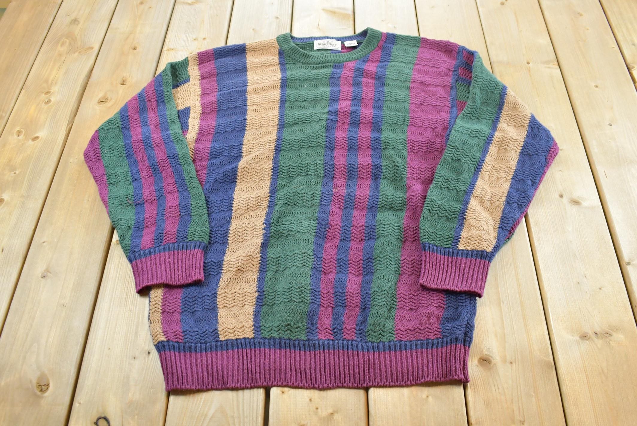 Vintage 1980s Whitney Square Striped Textured Knit Crewneck Sweater Mens L