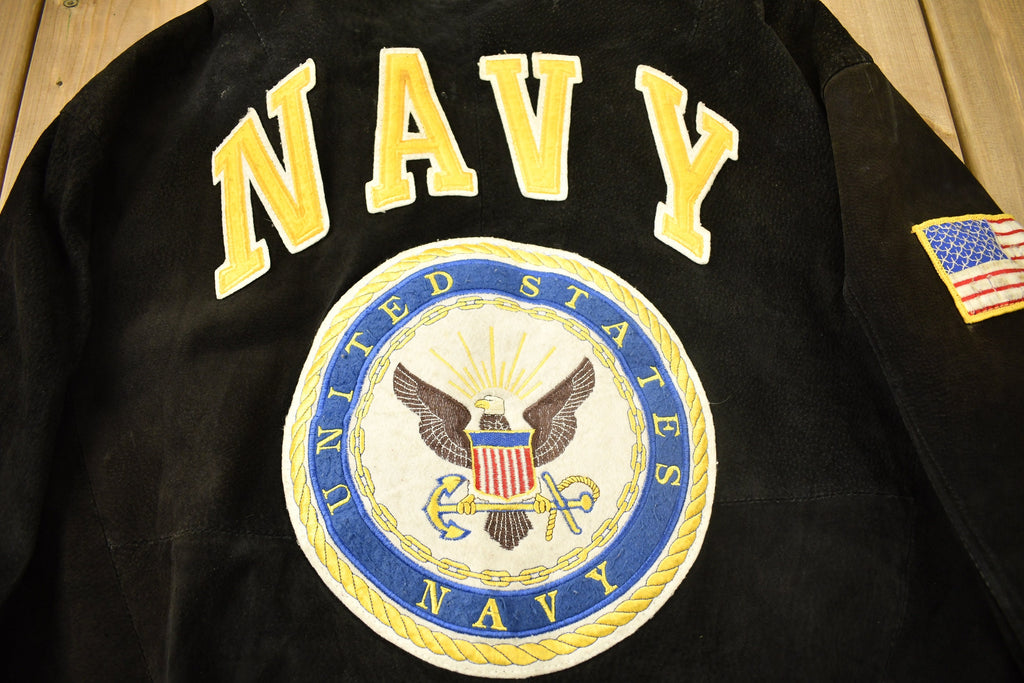 Vintage 1980s United States Navy Suede Varsity Style Jacket