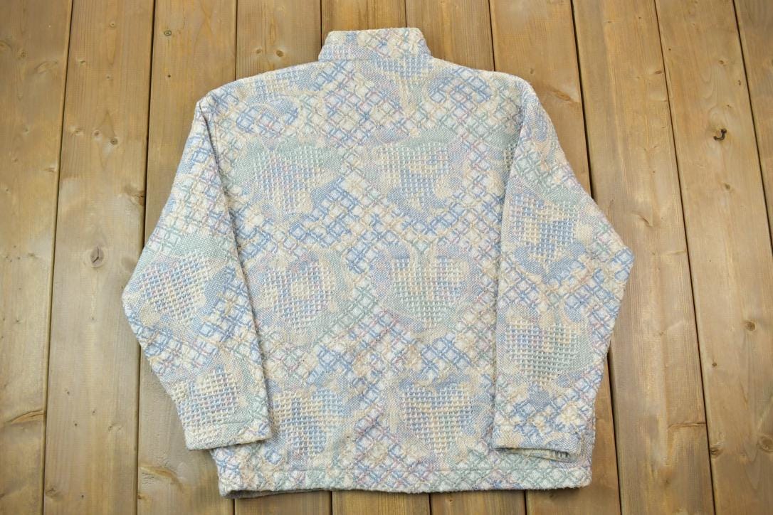 Vintage 1990s Maxon Tapestri Full Zip All Over Print Knit Heart Crewneck Sweatshirt