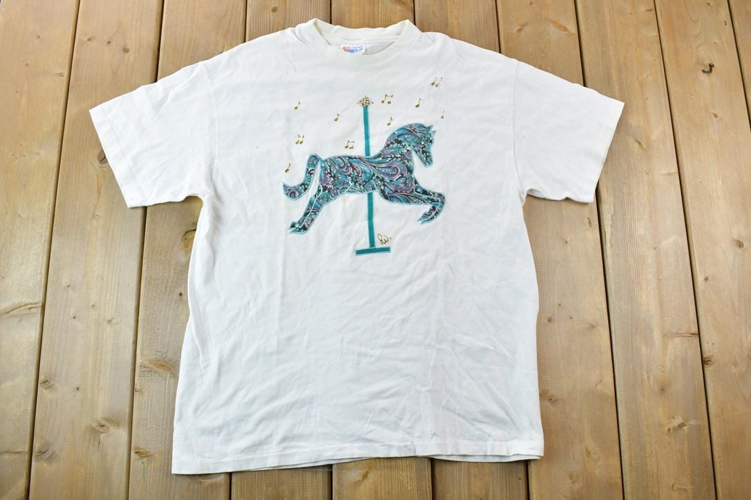 Vintage 1990s Unicorn Carousel Graphic T-Shirt  Single Stitch  Streetwear  Nature T-Shirt  Outdoorsman T Shirt
