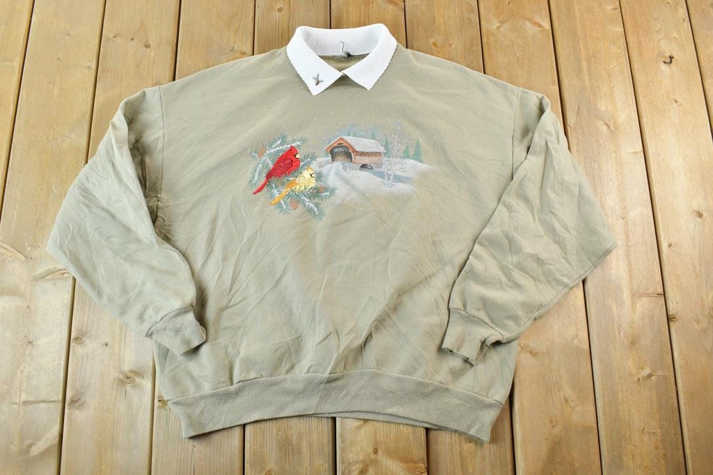 Vintage 1990s Winter Birds Cute Collared Embroidered Crewneck Sweater