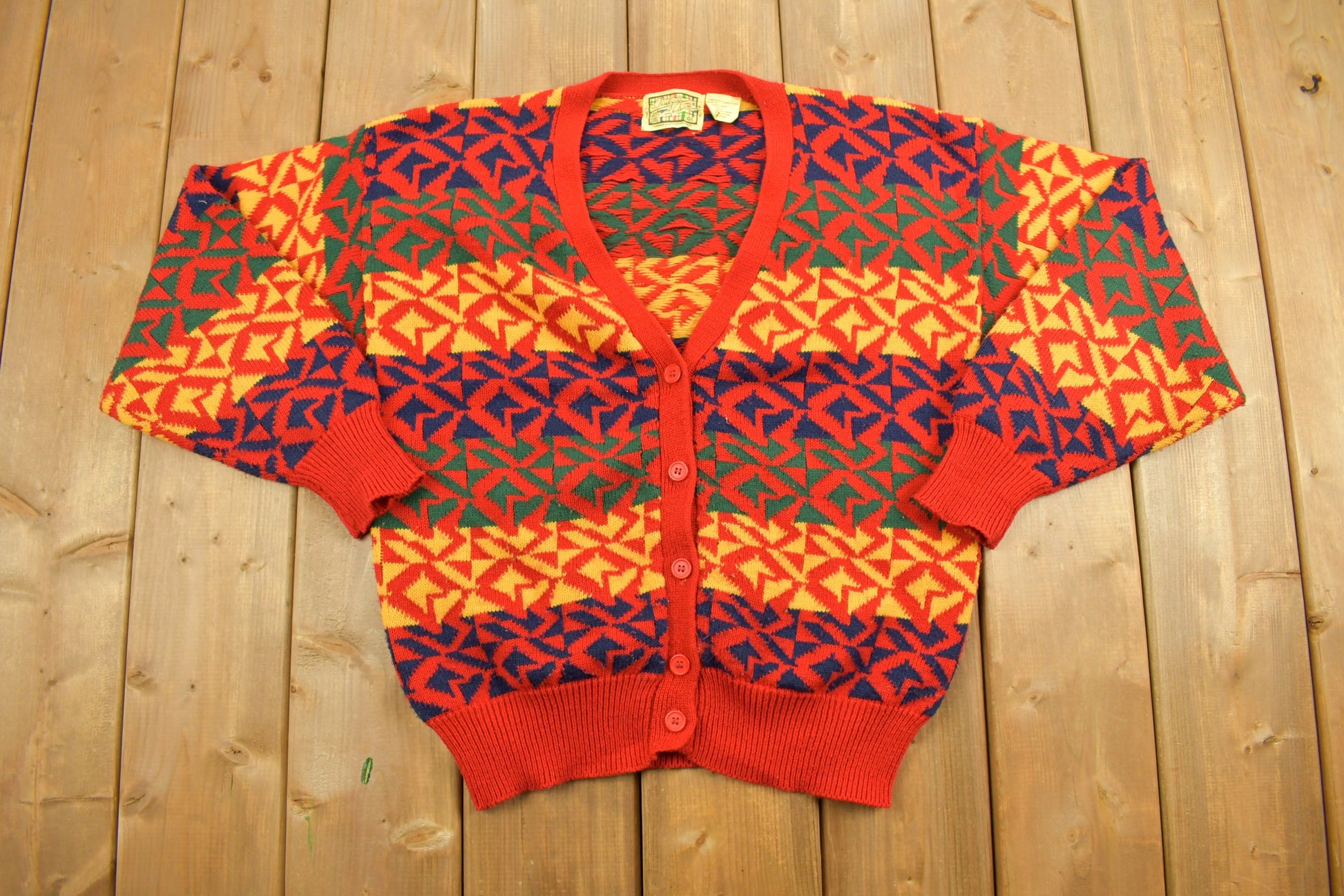 Vintage 1990s Abstract Vibrant Knitted Cardigan Button Up Sweater / Outdoors / Sport Sweater / V Neck / Classic / Button Up