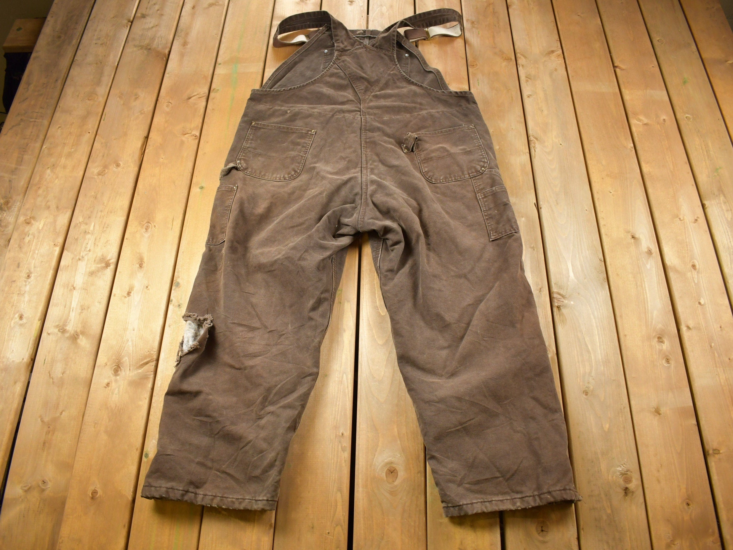 Vintage 1990s Carhartt Brown Double Knee Canvas Quilted Overalls Size 48 x 30