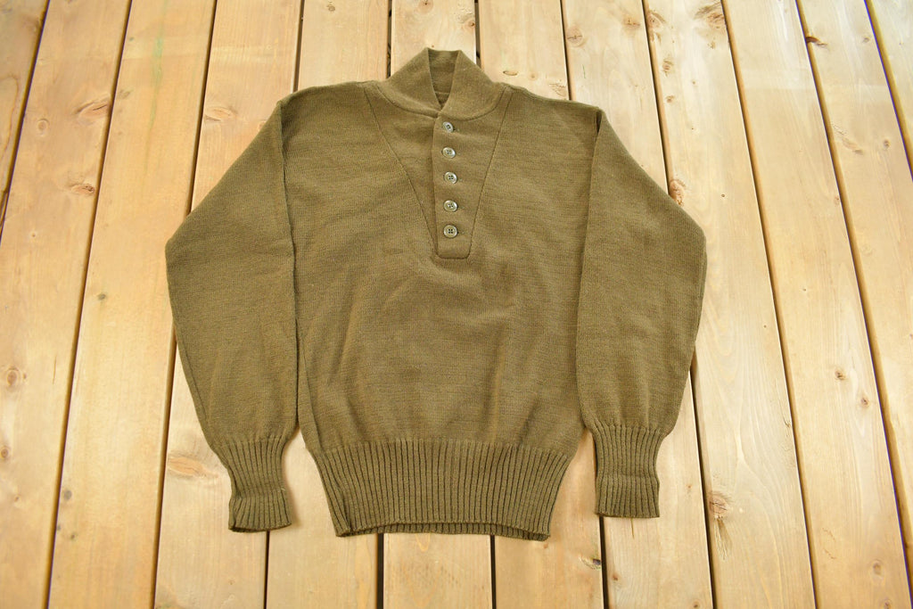 Vintage 1980s Military Wool Olive Henley Knit Sweater Men's Medium