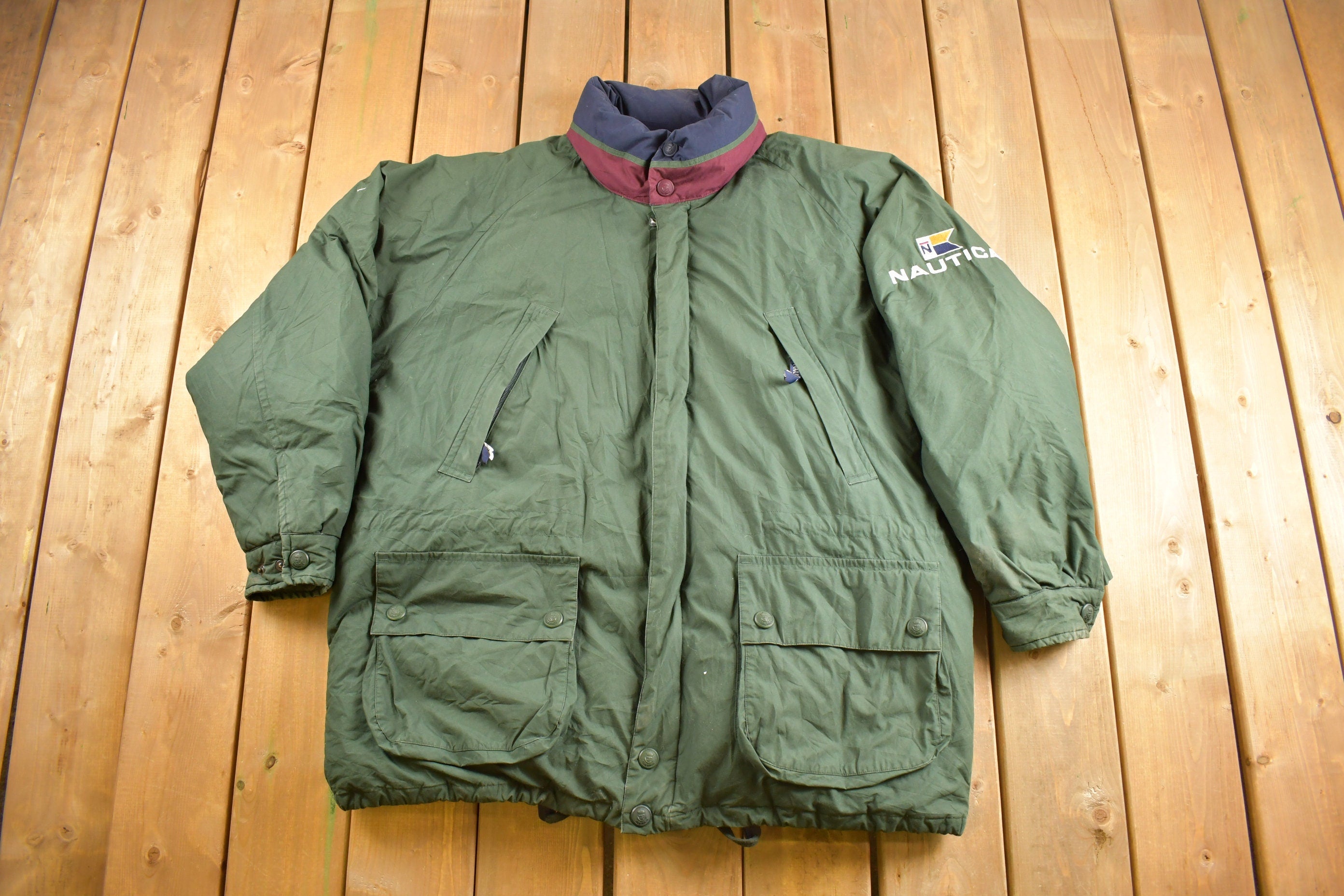 Vintage 1990s Nautica Puffer Jacket Size XL / Embroidered / Parka Jacket / Streetwear / Earth Tones