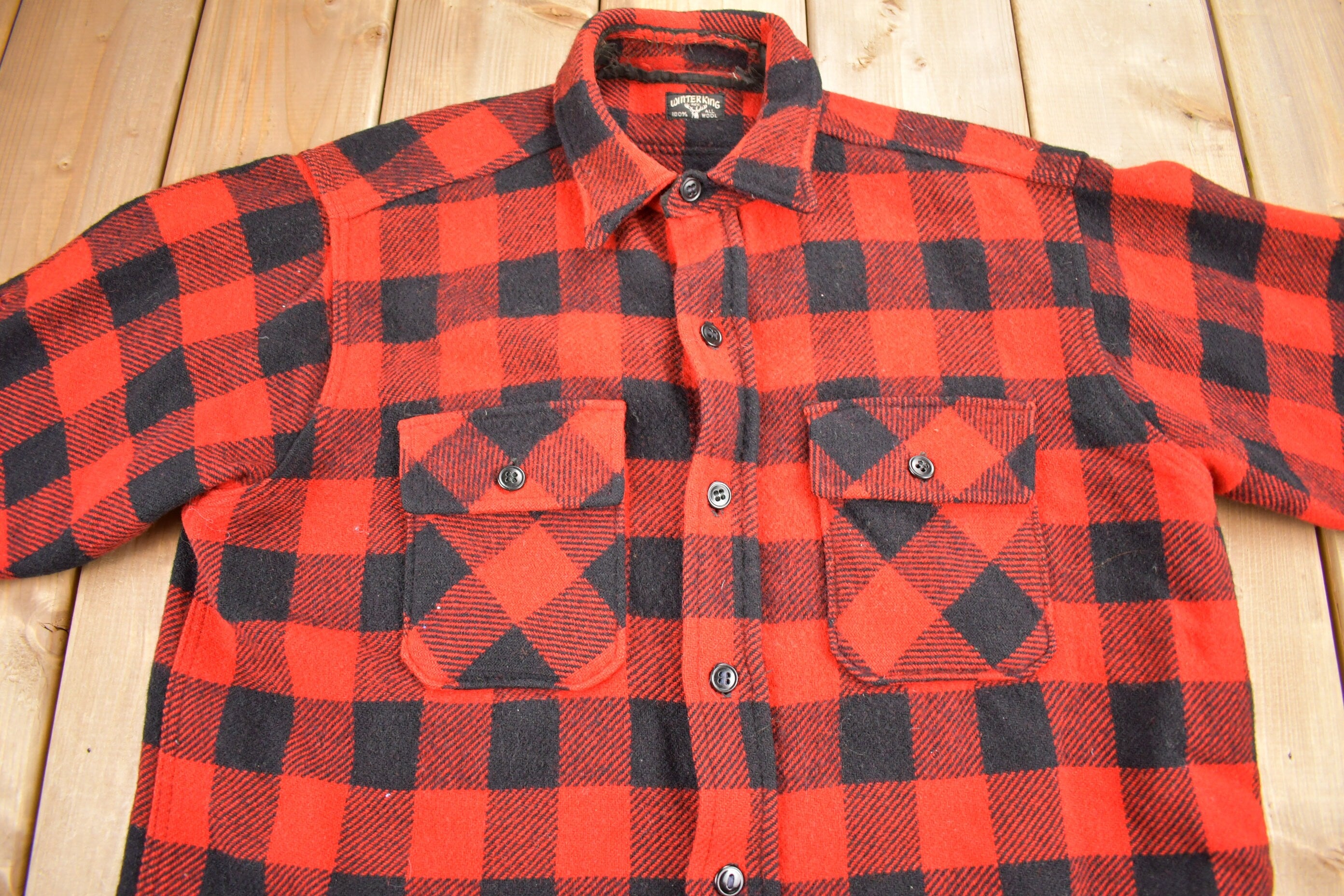 Vintage 1950s Winter King Buffalo Plaid Wool Button Up Shirt