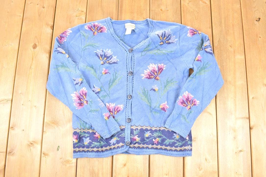 Vintage 1990s Coldwater Creek Floral Embroidered Knit Cardigan Sweater Women's M