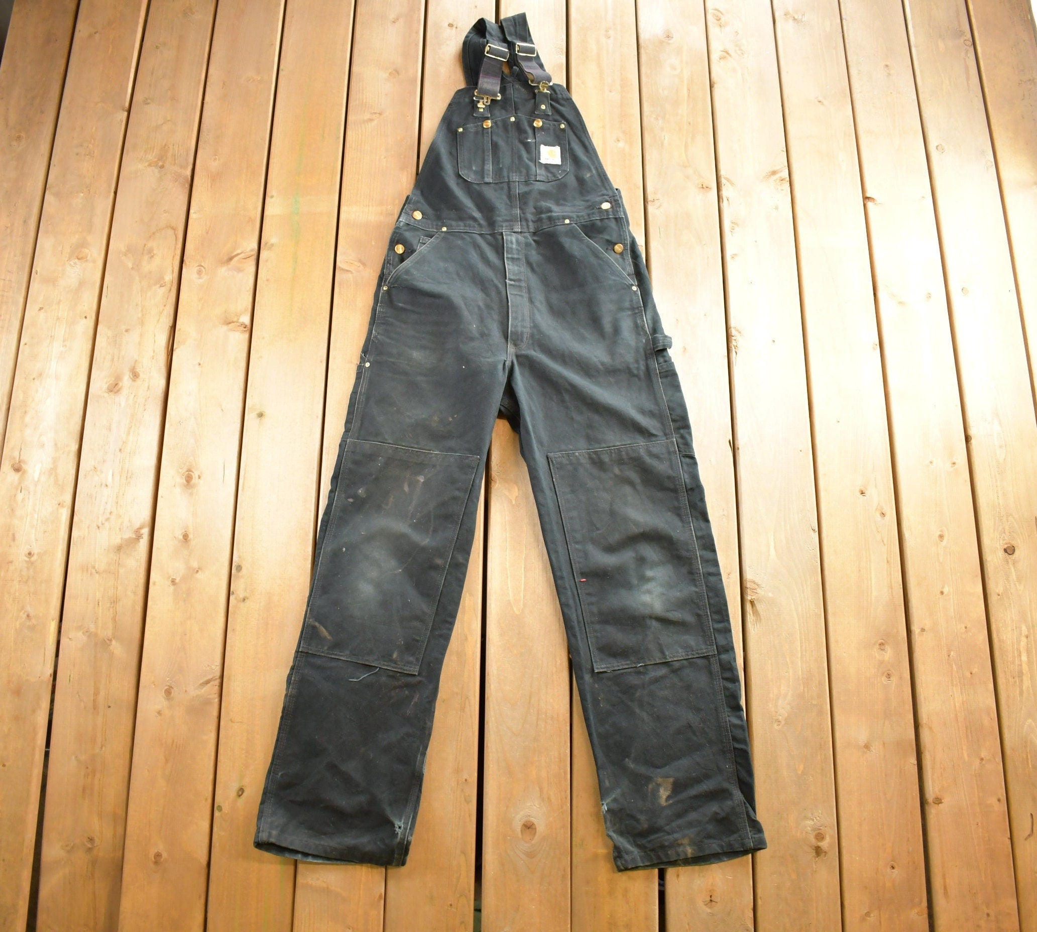 Vintage 1990s Carhartt Black Double Knee Canvas Overalls Size 40x30