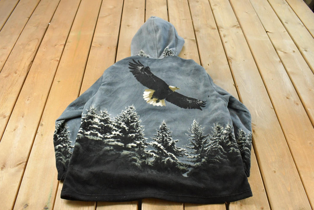 Vintage 1990s Kokopelli American Bald Eagle Fleece Sweater Jacker Men's XL / Outdoors / 90s Sweater / Fleece Zip up / All Over Print