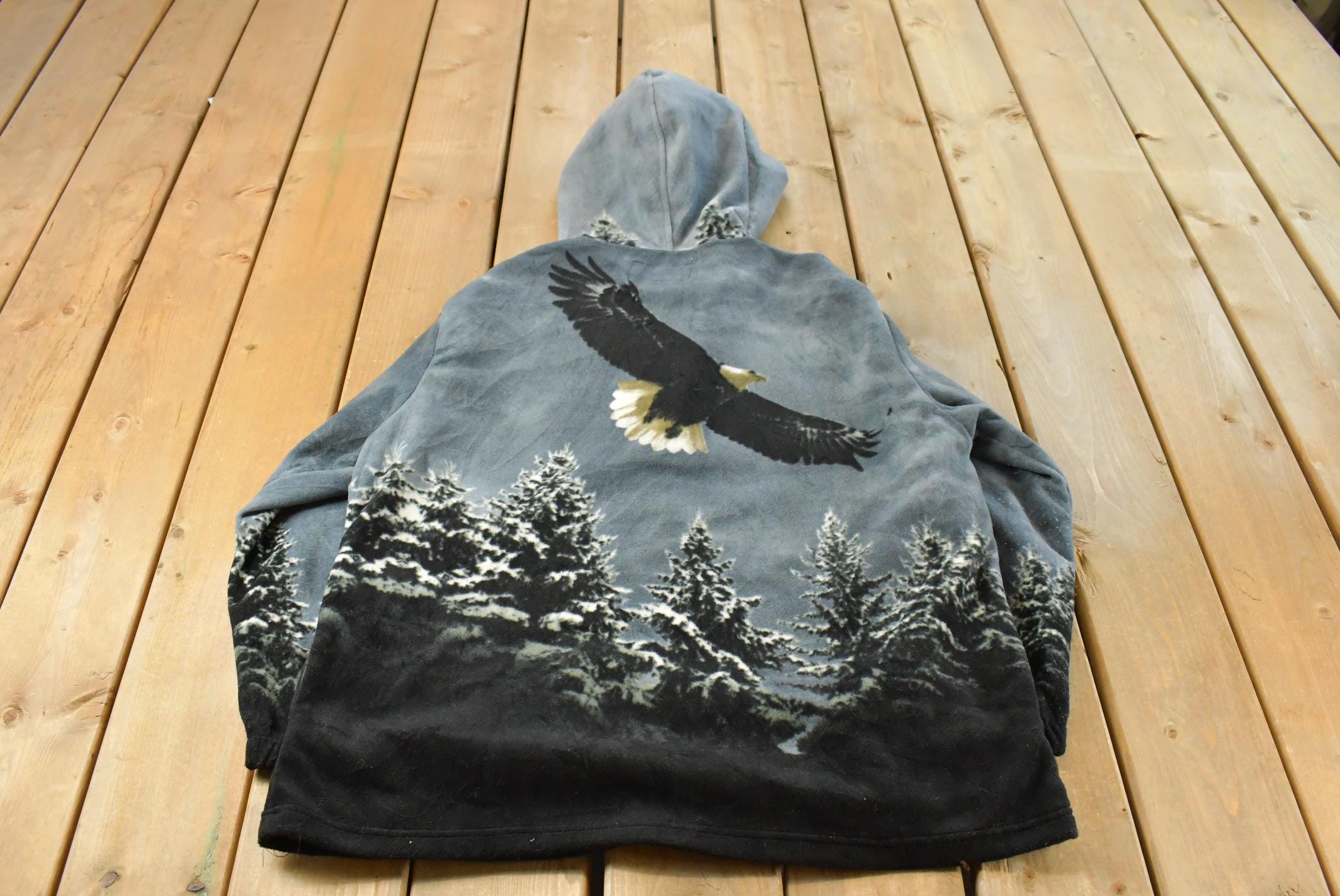 Vintage 1990s Kokopelli American Bald Eagle Fleece Sweater Jacker Men's XL / Outdoors / 90s Sweater / Fleece Zip up / All Over Print