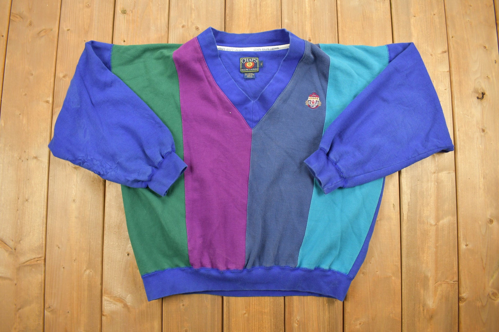 Vintage Chaps Ralph Lauren Colour Block V Neck Sweatshirt 1990's