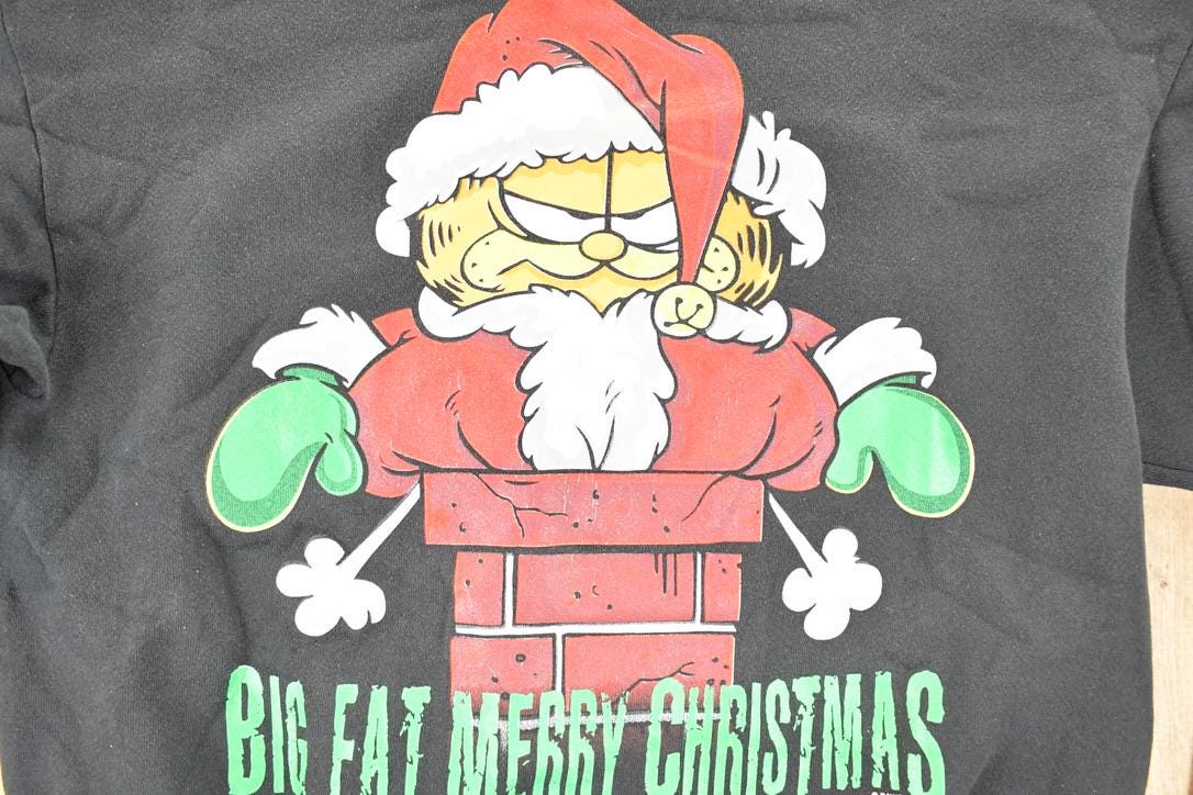 Vintage 1990s Garfeild Big Fat Merry Christmas Cartoon Comedy Crewneck Sweatshirt Men's L