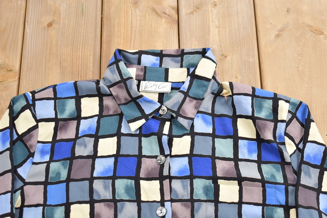 Vintage 1980s Kathy Che Stain Glass Pattern Button Up Shirt